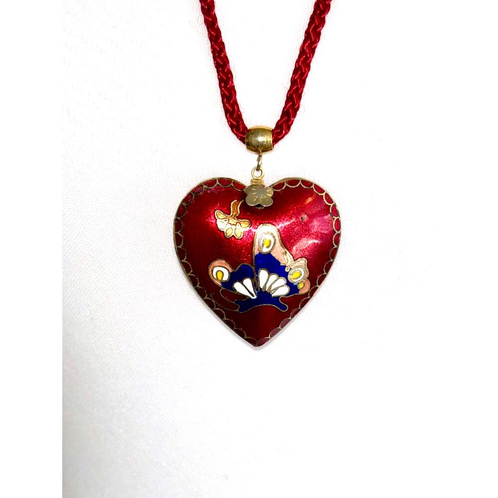 Vintage Red Cloisonné Puffy Heart Pendant Red Braided Cord Necklace - Picture 3 of 5